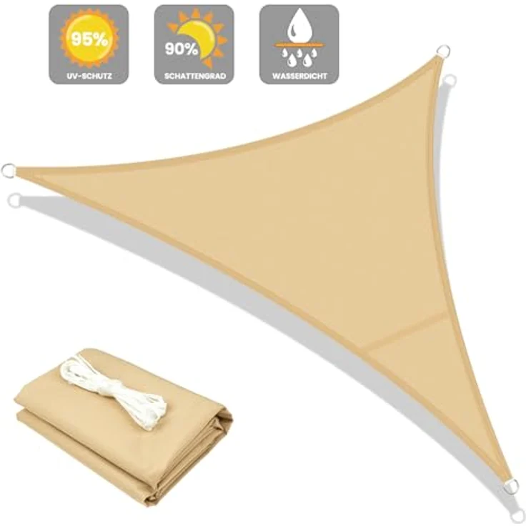 LOVE STORY Sonnensegel Wasserdicht 4 x 4 x 5. 65m Dreieckig Rechtwinklig PES Polyester Sonnenschutz Windschutz Balkon Terrasse 95% UV-Schut,für Balkon Garten,Sandbeige – Bild 3