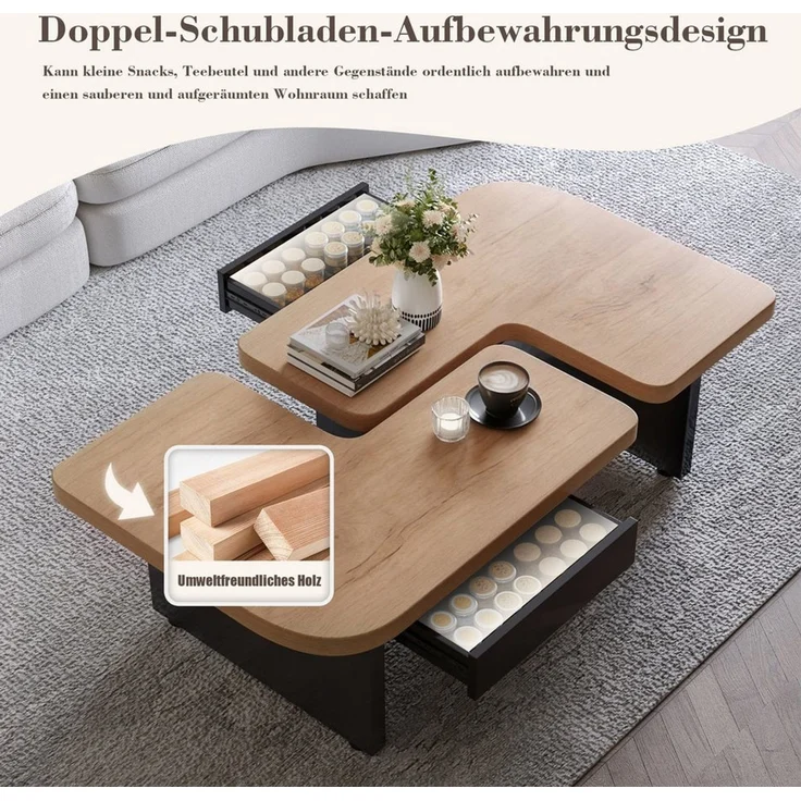 OKWISH Couchtisch Beistelltisch (2-in-1 LED-Sofatisch aus Naturholz mit Schubladen & Höhenverstellung, sicher für Familien) – Bild 4