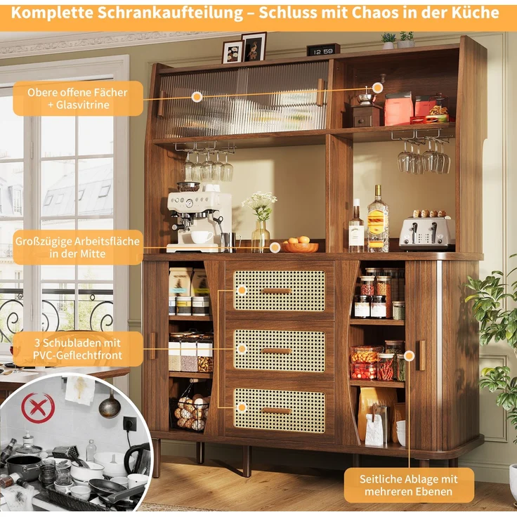 Hochwertiger Buffetschrank mit Rattanoptik & Glasschiebetüren, 174,5cm hoher Küchenschrank mit Stauraum, Naturholz-/Nussbaum-Optik, belastbar bis 60kg – Bild 3