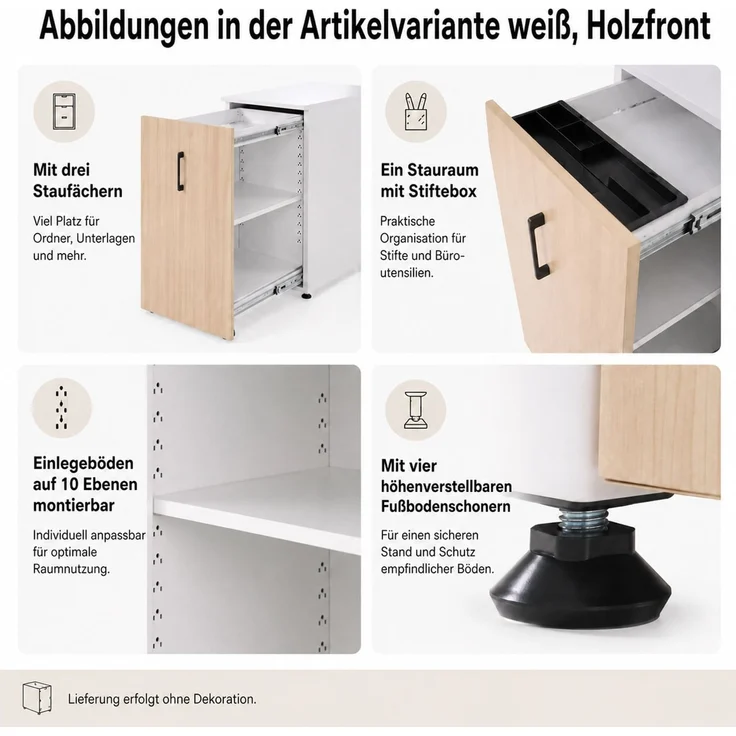 Aktenschrank HWC-Q27, Büroschrank Stahlschrank, Stützrad Staufächer, Metall 74x43x80cm ~ dunkelgrau, Holzfront – Bild 2