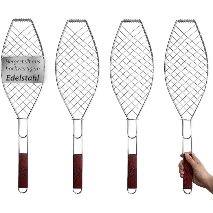 VonBueren Grillbesteck-Set Fisch-Grillhalter 4er Set Edelstahl Holzgriff 63x16cm Grillkorb, (4 tlg), Edelstahl mit Holzgriff, Gitterform zum Wenden – Bild 1