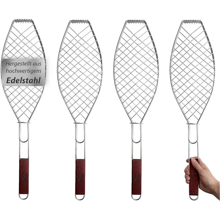 VonBueren Grillbesteck-Set Fisch-Grillhalter 4er Set Edelstahl Holzgriff 63x16cm Grillkorb, (4 tlg), Edelstahl mit Holzgriff, Gitterform zum Wenden
