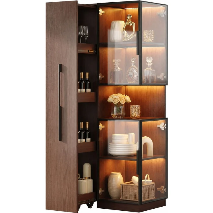 Vitrinenschrank 70x38x160 cm in Walnussoptik mit LED-Beleuchtung und ausziehbaren Seitenregalen – Bild 6