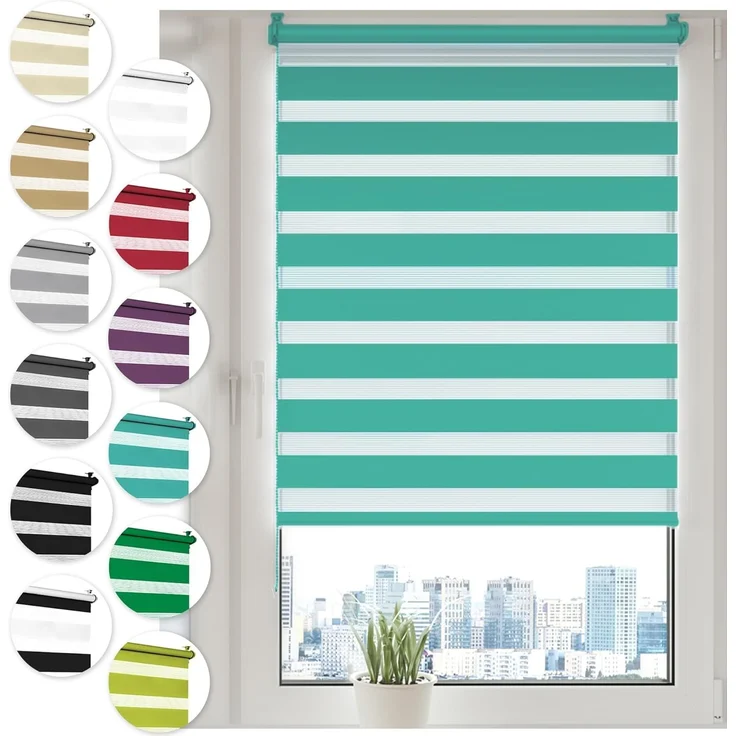 Doppelrollo Klemmfix ohne Bohren 120x210 cm Türkis Duo Rollo Klemmrollo Sonnenschutzrollo Fensterrollo für Fenster & Türen Zebrarollo Seitenzugrollo – Bild 1