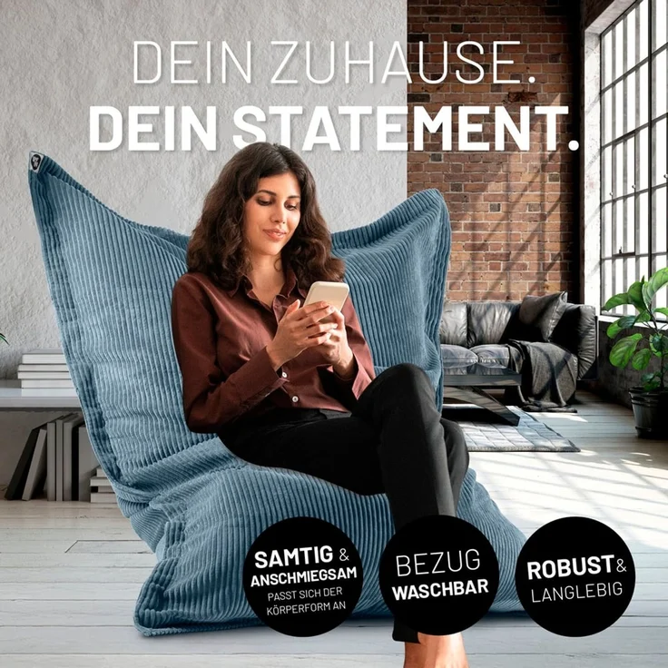 Lumaland Sitzsack Classic XXL Cord | Riesen Sitzsack XXL mit Softer Rippenstruktur – ideal zu Cord Sofa & Sessel Indoor Bean Bag für Wohnzimmer, Schlafzimmer & Co. - 380 L, 140x180 cm – Bild 3