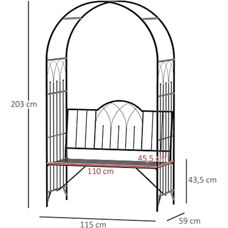 Outsunny Gartenbank Laubenbank Philosophenbank Rankgitter Rankhilfe (Rosenbank, 1-St, Rosenbogen mit Bank), Metall Schwarz 115 x 59 x 203 cm – Bild 7