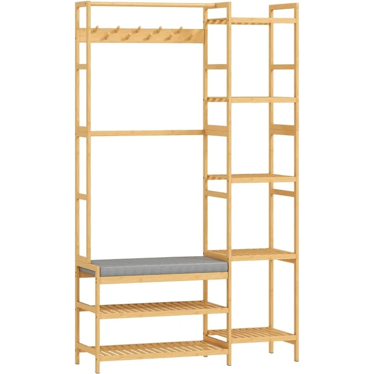 Standgarderobe B 104 x T 33 x H 175 cm aus Bambus mit Sitzbank und Schuhablage – Bild 4