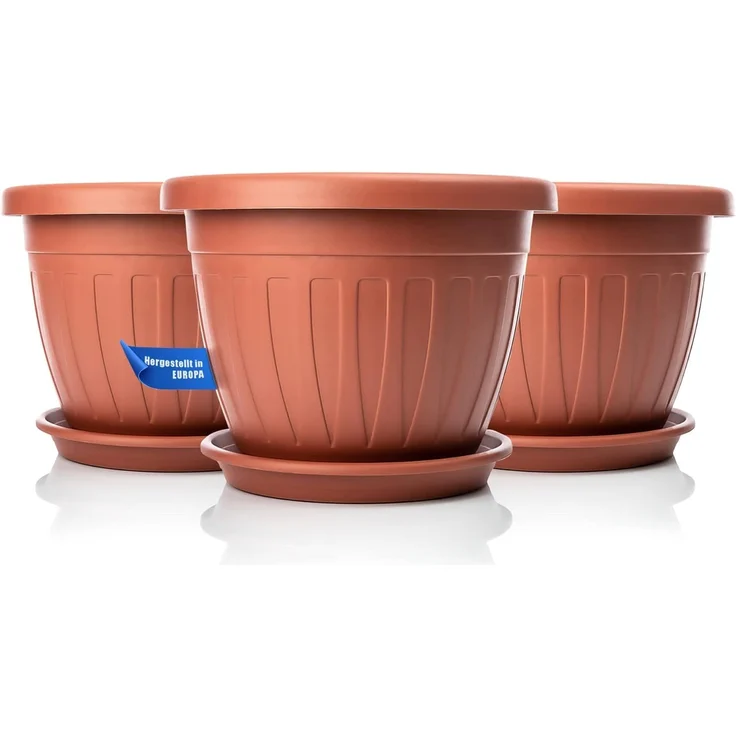 BigDean 3X Blumentopf mit Untersetzer rund ø33xH25 cm Terracotta - wetterfester Pflanzkübel - Wasserablauf UV-beständig aus bruchsicherem Kunststoff - Innen + Außen geeignet - Made in Europe – Bild 8