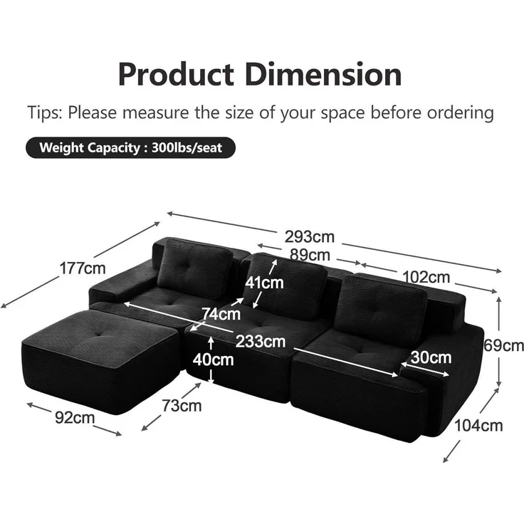 Sofa Ecksofa modular montagefrei Schwarz 3-Sitzer-Sofa + 1 Hockern – Bild 2