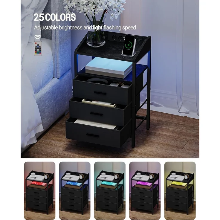 Nachttisch 2er Set, mit LED-Leuchten und Ladestation, Beistelltisch mit 3 Stoff-Schubladen und Regalen, mit USB-Anschlüssen & Steckdosen, für Schlafzimmer, Wohnzimmer, Schwarz – Bild 4
