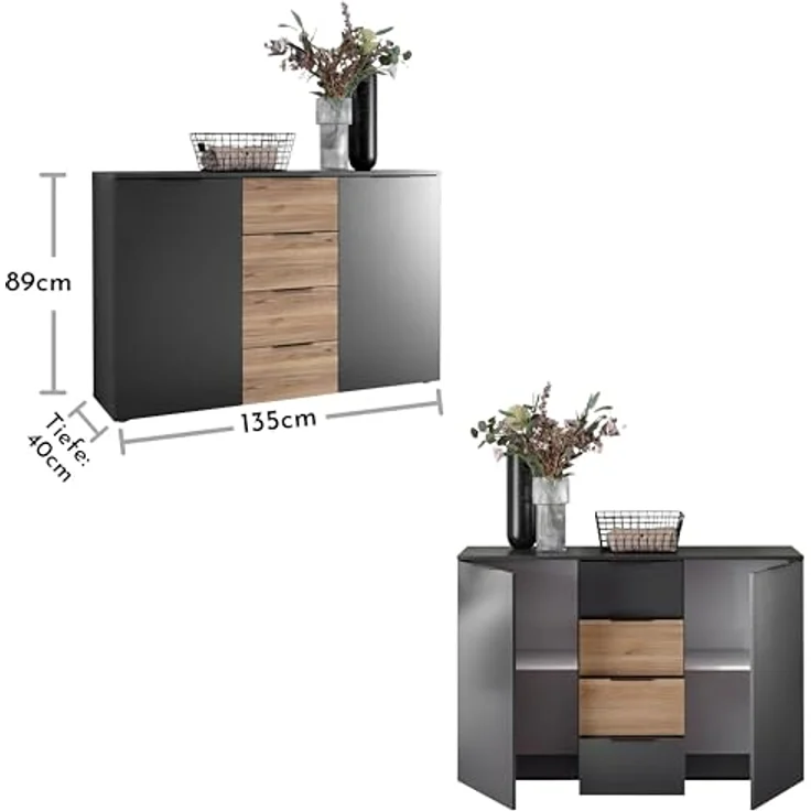Stella Trading ASKA Kommode in Graphit, Mauvella Eiche Optik - Modernes Sideboard mit Schubladen für Ihr Schlafzimmer - 135 x 89 x 40 cm (B/H/T) – Bild 4