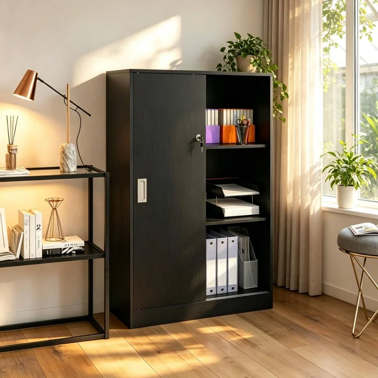Dokumentenschrank mit Schiebetüren und Schloss, 80x40x120 cm, Schwarz – Bild 2