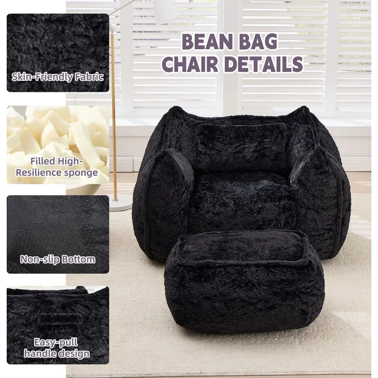 Riesiger Sitzsack für Erwachsene und Kinder, Sitzsack-Sofa mit Kunstfellbezug, Kissen und Hocker, bequemes Lese- und Spielsofa für Schlaf- und Wohnzimmer, Schwarz--Schwarz--123x157x73cm--YOUDENOVA – Bild 4