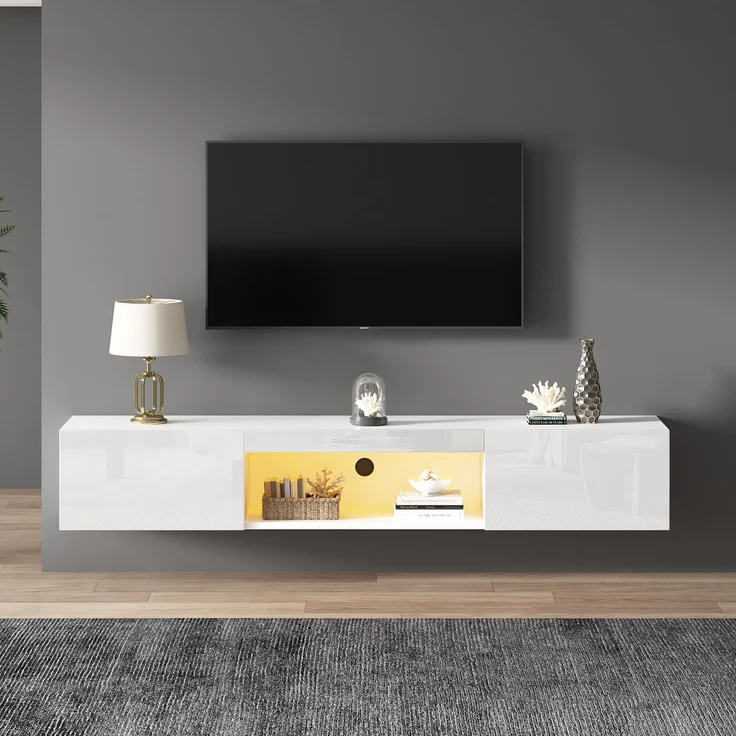 Hängeschrank für Wohnzimmer mit LED-Beleuchtung, Bluetooth-App steuerbar, Musikmodus, Stauraum mit offenes Fach und Türen – Bild 2