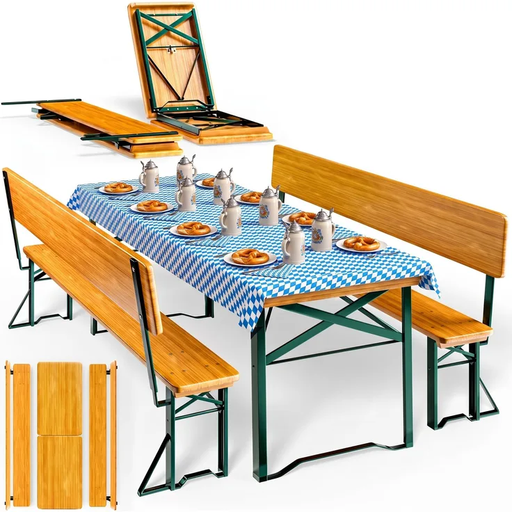 Casaria Bierzeltgarnitur mit Rückenlehne, 3-teilig, klappbar, Holz natur / Stahl grün, 170 x 70 x 75 cm