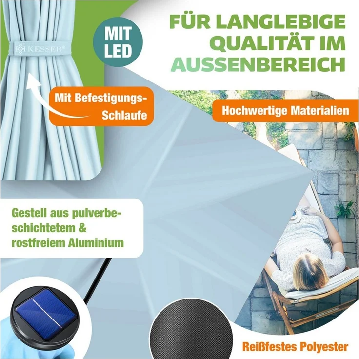 KESSER® 'Holly' Ampelschirm mit LED Solar und Ständer, inkl. Abdeckung und Windsicherung mit Kurbel, Aluminium hellblau, Ø 350 cm – Bild 3