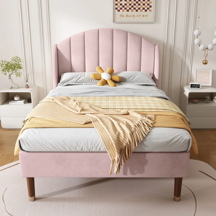 EINHOM Polsterbett 90 x 200 cm mit Lattenrost und Kopfteil, Jugendbett, Einzelbett, Holzlattenunterstützung, Einfache Montage, Samt, Rosa, (Ohne Matratze) – Bild 3
