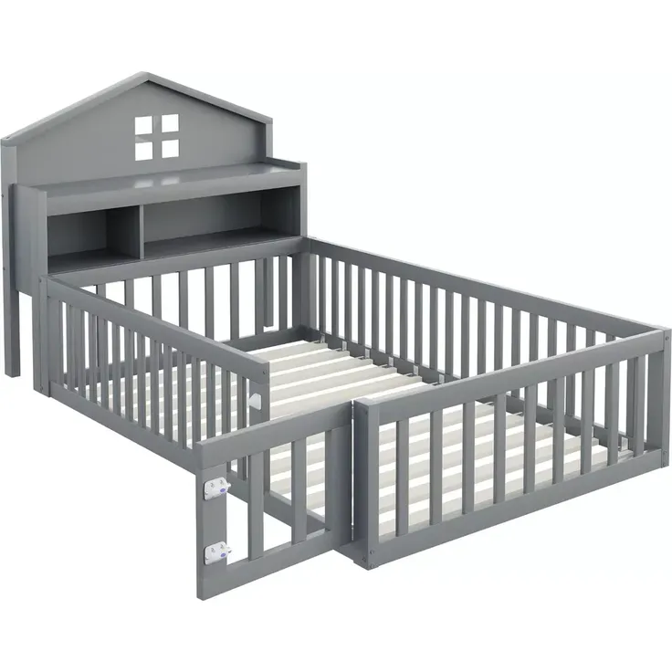 Kinderbett mit Lattenrost und Zaun, 90x200 cm, Rausfallschutz, Stauraum, Jugendbett, Holzbett, Einzelbett, Kiefer – Bild 6