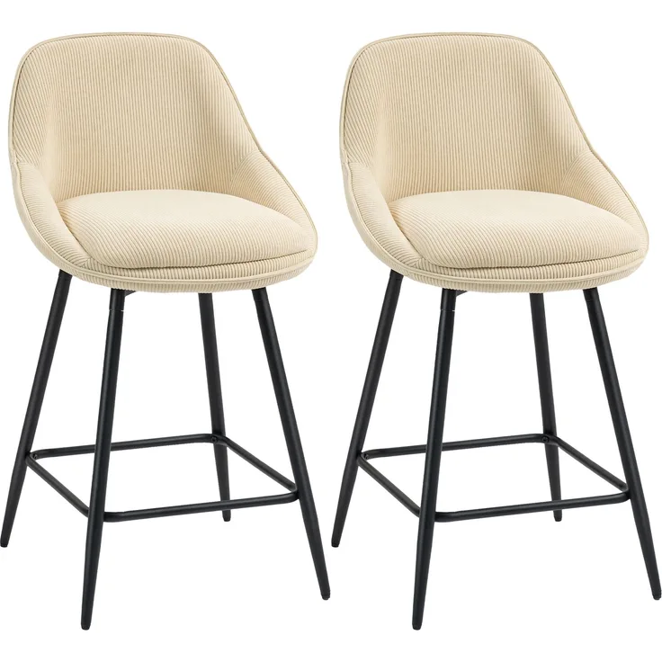 2er-Set Barhocker aus Cord, Barstühle mit geschwungener Rückenlehne, Fußstütze, 49 x 52 x 88 cm, beige