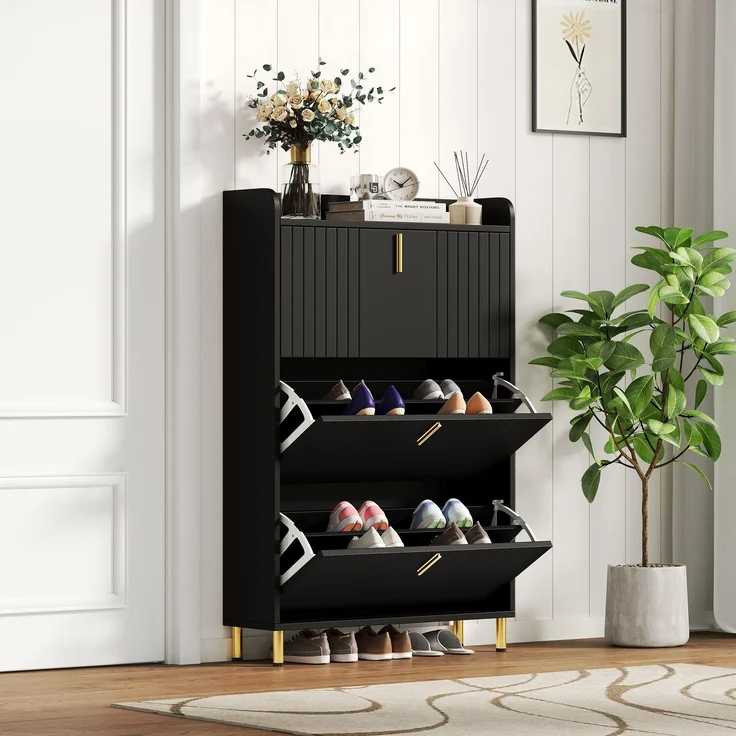 Schuhschrank 80x23x123,5 cm mattschwarz gold Metallfüße 3 Türen verstellbare Böden – Bild 4