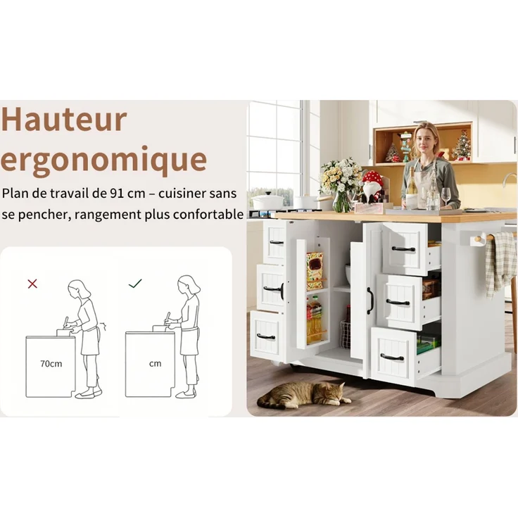 TavilaEcon Küchenwagen mobil, Küchenschrank, Küchenwagen mit 2 Türen & 6 Schubladen weiß 91 × 75 × 120 cm (H × T × B) – Bild 5