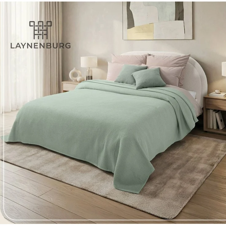 Laynenburg Tagesdecke Waffelpique aus 100% Baumwolle – Baumwolldecke, Kuscheldecke, Wohndecke als Sommerdecke, Bett-Überwurf, Couch-Überwurf, Sofa-Decke – Bild 1