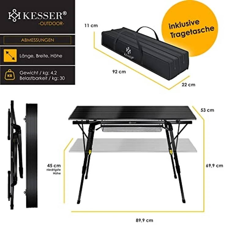 KESSER® Campingtisch faltbar Klapptisch mit Aluminiumrahmen Aufrollbare Tischplatte Falttisch klappbar höhenverstellbar inkl. Tragetasche mit Trageband & Netztasche Schwarz – Bild 8