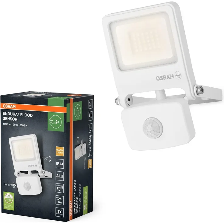 Osram ENDURA FLOOD PC 20W LED-Fluter mit Sensor, 3000K warmweiß, 1800 Lumen, IP44 Flutlicht IR-Melder, Tageslichtabschaltung, Weiß