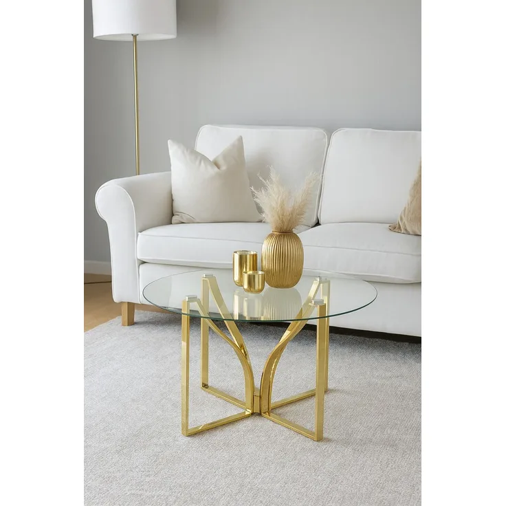 Couchtisch rund, Glasplatte, Gestell goldfarben, Ø 80 cm, Höhe 44 cm