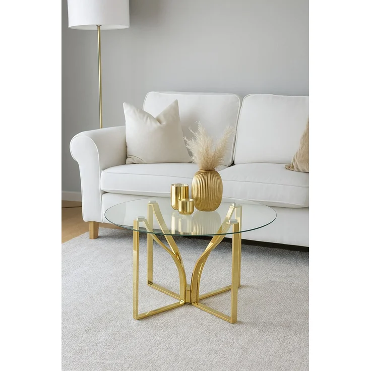 Couchtisch rund, Glasplatte, Gestell goldfarben, Ø 80 cm, Höhe 44 cm – Bild 1