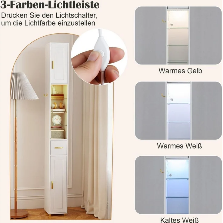 COSTWAY Badkommode, Hochschrank Bad mit Beleuchtung schmal 20x20x181cm – Bild 3