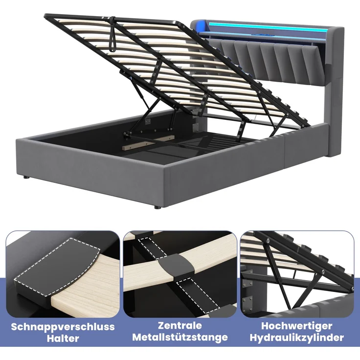 Polsterbett 140 x 190 cm aus Samt mit integriertem Stauraum, USB-Anschluss und LED-Beleuchtung, Dunkelgrau – Bild 7