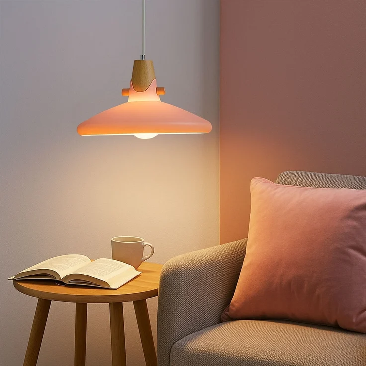 Hängeleuchte, pink, Metall, Holzoptik, H 150 cm – Bild 5