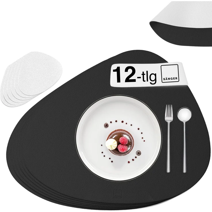 SÄNGER organische Tischsets & Untersetzer aus Kunstleder 12 teilig für 6 Personen, Schwarz + Creme – Bild 1