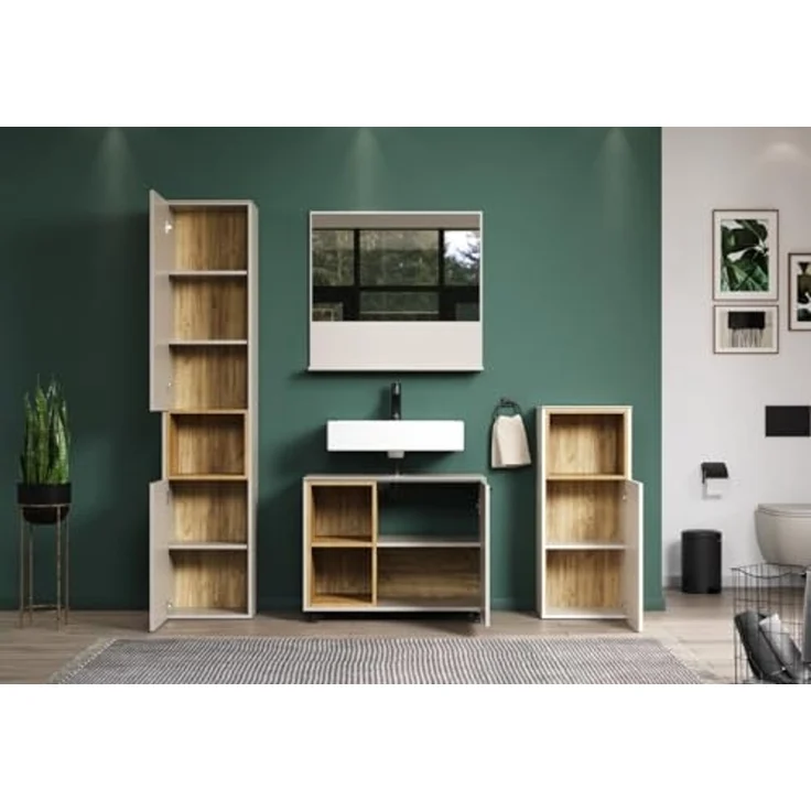 trendteam smart living - Sao Paulo - Badmöbel-Set - Kashmir (Beige)/Evoke Eiche - Hochschrank, Waschbeckenunterschrank Rollen, Wandspiegel, Badschrank - (BxHxT) 180 x 186 x 42 cm - Soft-Close-Funktion – Bild 4