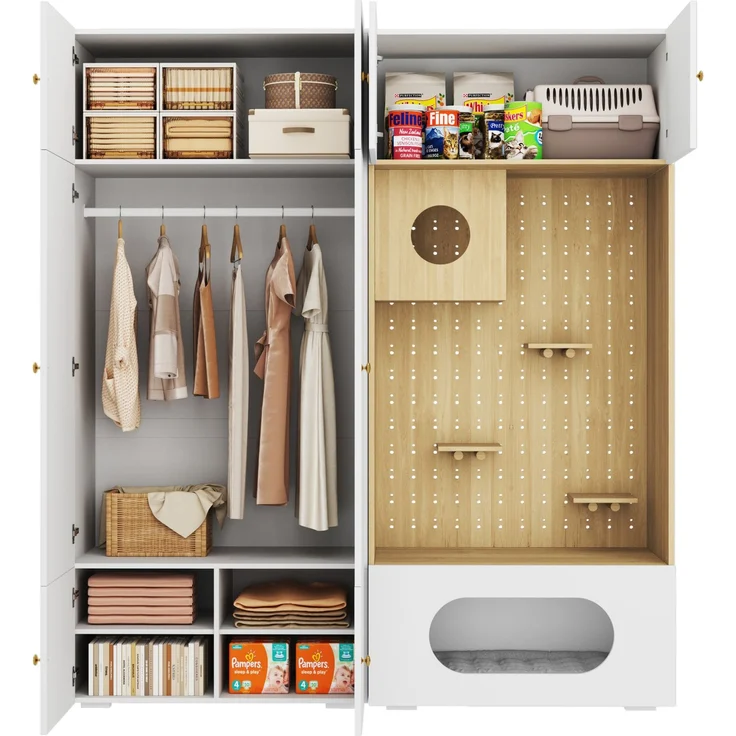 Kleiderschrank mit Katzenkletterwand 180 x 50 x 200 cm in Weiß und Holzoptik – Bild 6