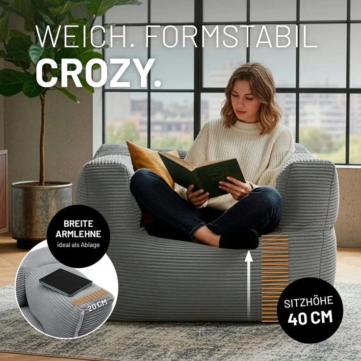 Lumaland Modular Sessel - Cord-Reihe | Indoor Sitzsack mit Softer Struktur, ideal Modulen | Bean Bag für Wohnzimmer & Co. - 96 x 72 x 70 cm – Bild 5