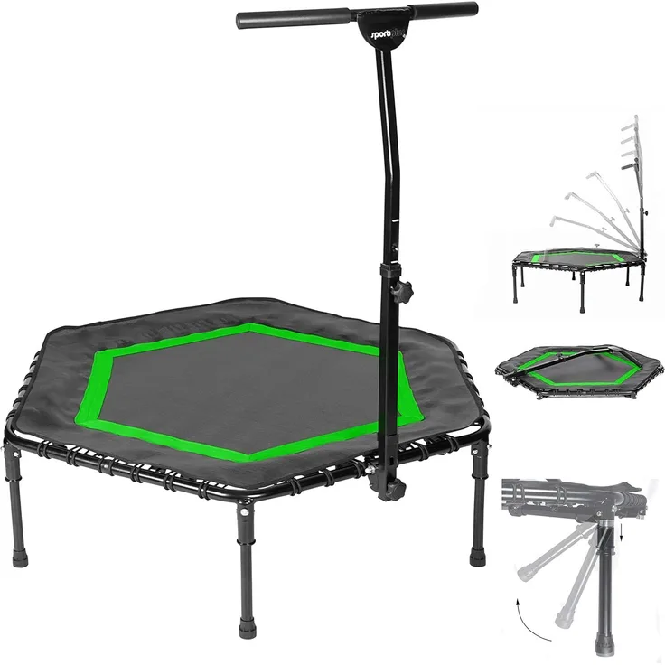 Klappbares SportPlus Fitness Trampolin, komplett faltbare Standbeine und Haltegriff in Sekunden, 126cm, leise Gummiseilfederung, hochwertiges Sprungtuch, ideal für Jumping Fitness, Sicherheit geprüft