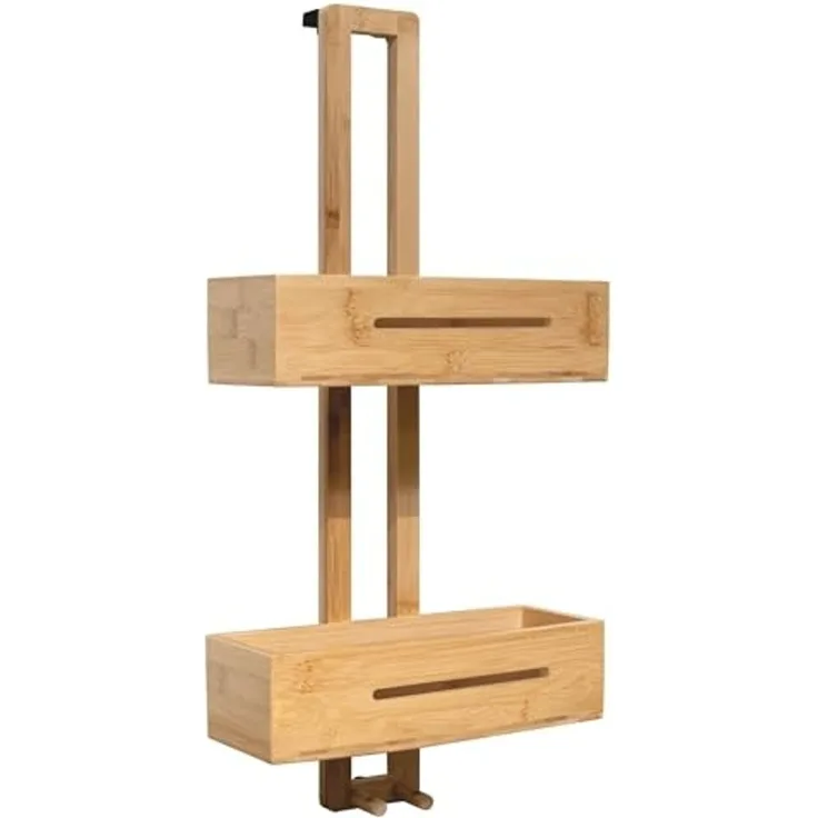 Schulte Duschkorb Duschablage aus Bambus 2 Etagen, inkl. Halter für Duschabzieher und Handtuch, belastbar bis 5 KG