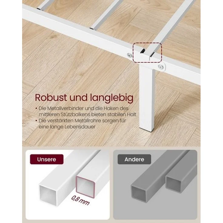 VASAGLE Bett 90 x 200 cm, Gästebett, Einzelbett aus Metall, Bettgestell, Bettrahmen, Metallbett, einfache Montage, Mattweiß – Bild 2