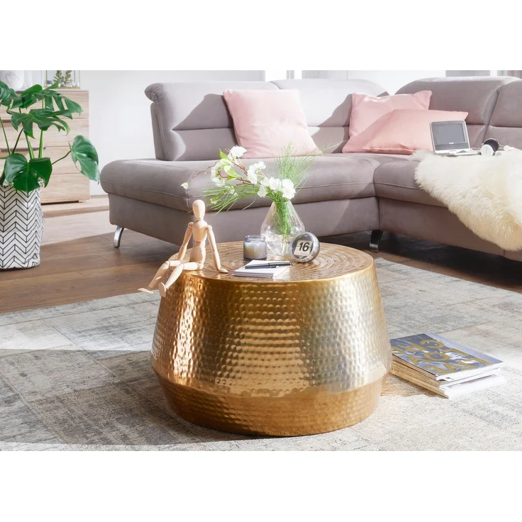Wohnling Couchtisch 60x36x60cm Aluminium Gold Orientalisch Rund Hammerschlag Modern – Bild 5