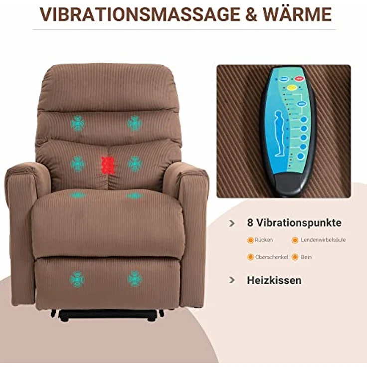 HOMCOM Massagesessel Aufstehsessel (Set, 1-St, Massagesessel), Massagesessel mit Liegefunktion, Braun – Bild 5