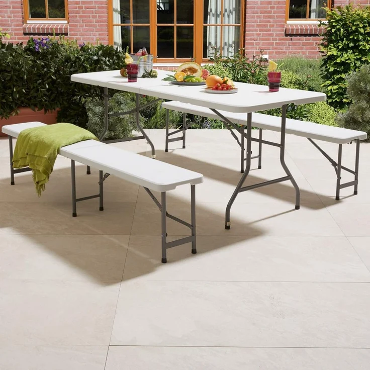 Todeco klappbarer Gartenbank 2er Set 183 x 43 x 30 cm, Bierbank Metall, Partybank für Camping BBQ Party Buffet Hochzeit, Weiß – Bild 8