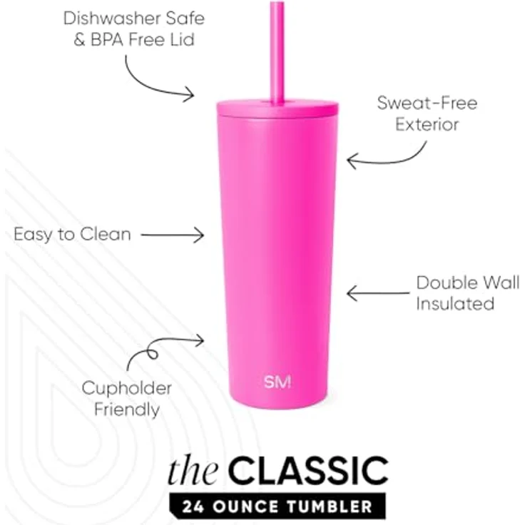 Simple Modern Thermobecher mit Strohhalm und Deckel | Trinkbecher mit Henkel Wiederverwendbare Edelstahl | Geschenke für Frauen und Männer | Classic | 710ml | Raspberry Vibes – Bild 2