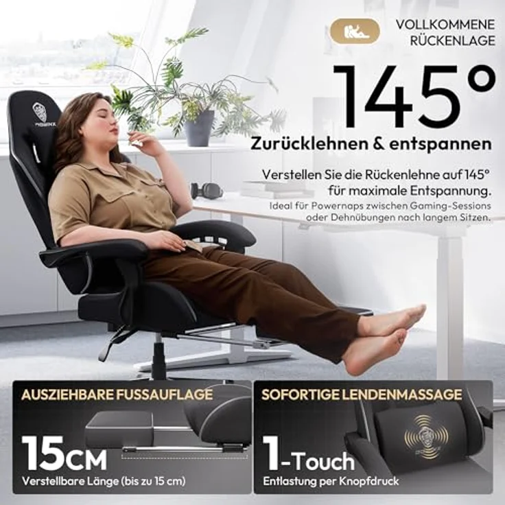 Dowinx Gaming Stuhl Tasche Frühling Kissen, Atmungsaktiver Bürostuhl aus Hochwertigem Stoff, Ergonomischer PC-Stuhl mit Kopfstütze, Drehbarer Schreibtischstuhl mit Fußstütze (Schwarz) – Bild 8