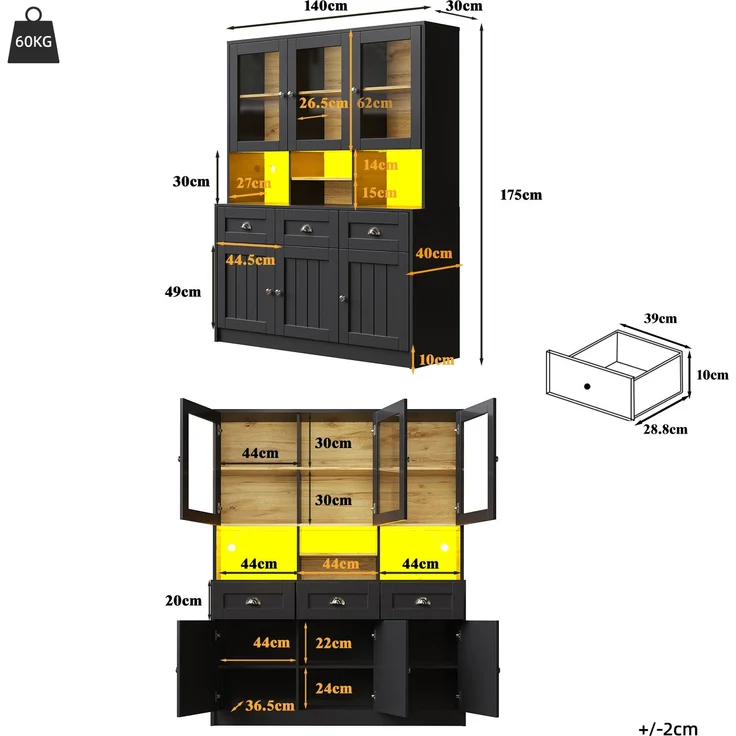Küchenschrank(140×40×175cm), Hochschrank Küchenbuffet, Vitrinenschrank, Buffetschrank mit Verstellbaren Ablagen, Sideboard mit LED-Beleuchtung,Variable Lichtfarben, Weiß/Schwarz – Bild 5