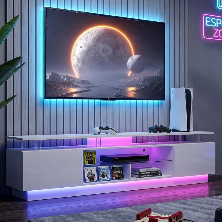 Aoxun 200 cm Fernsehstand, mit 2 Seitenkabinett, Moderner Stilvoller TV-Console mit LED Leuchten, Gaming-Fernseh-Medienconsole mit Verstellbarem Glasregal, Fernbedienung & APP-Steuerung, Weiß – Bild 1
