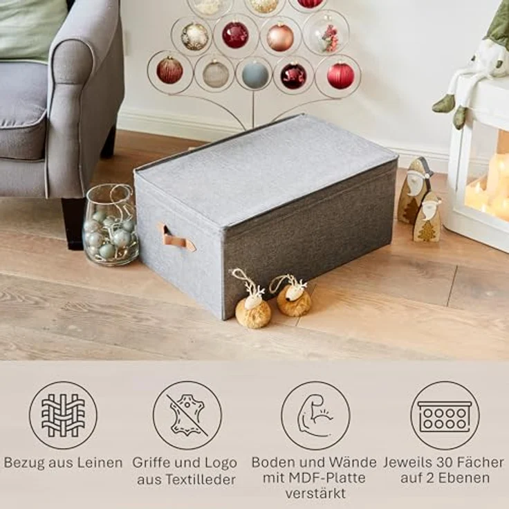 LOVE IT STORE IT Premium Aufbewahrungsbox für Weihnachtskugeln - Box für Christbaumschmuck aus Stoff - 30 Fächer, Tray komplett herausnehmbar - Grau - 58x36x25 cm – Bild 5