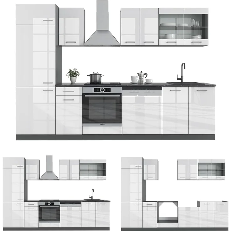 Küchenzeile R-Line Weiß Hochglanz/Anthrazit 300 cm ohne Arbeitsplatte Vicco – Bild 8