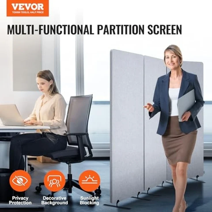 VEVOR Raumteiler 3 Paneele Paravent 1840 x 350 x 1655 mm, Faltbarer Sichtschutz & tragbarer Trennwandteiler aus PET-Polyester zur Raumtrennung, für Büro Schlafzimmer Arbeitszimmer, hellgrau – Bild 2